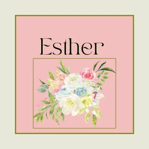 Esther with flowers on a pink background
